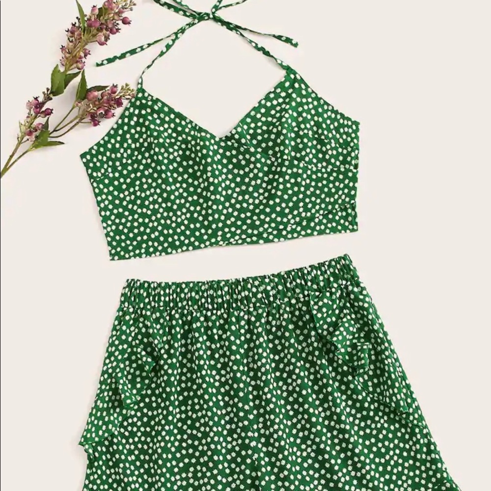 Floral Halter top with ruffles shorts set